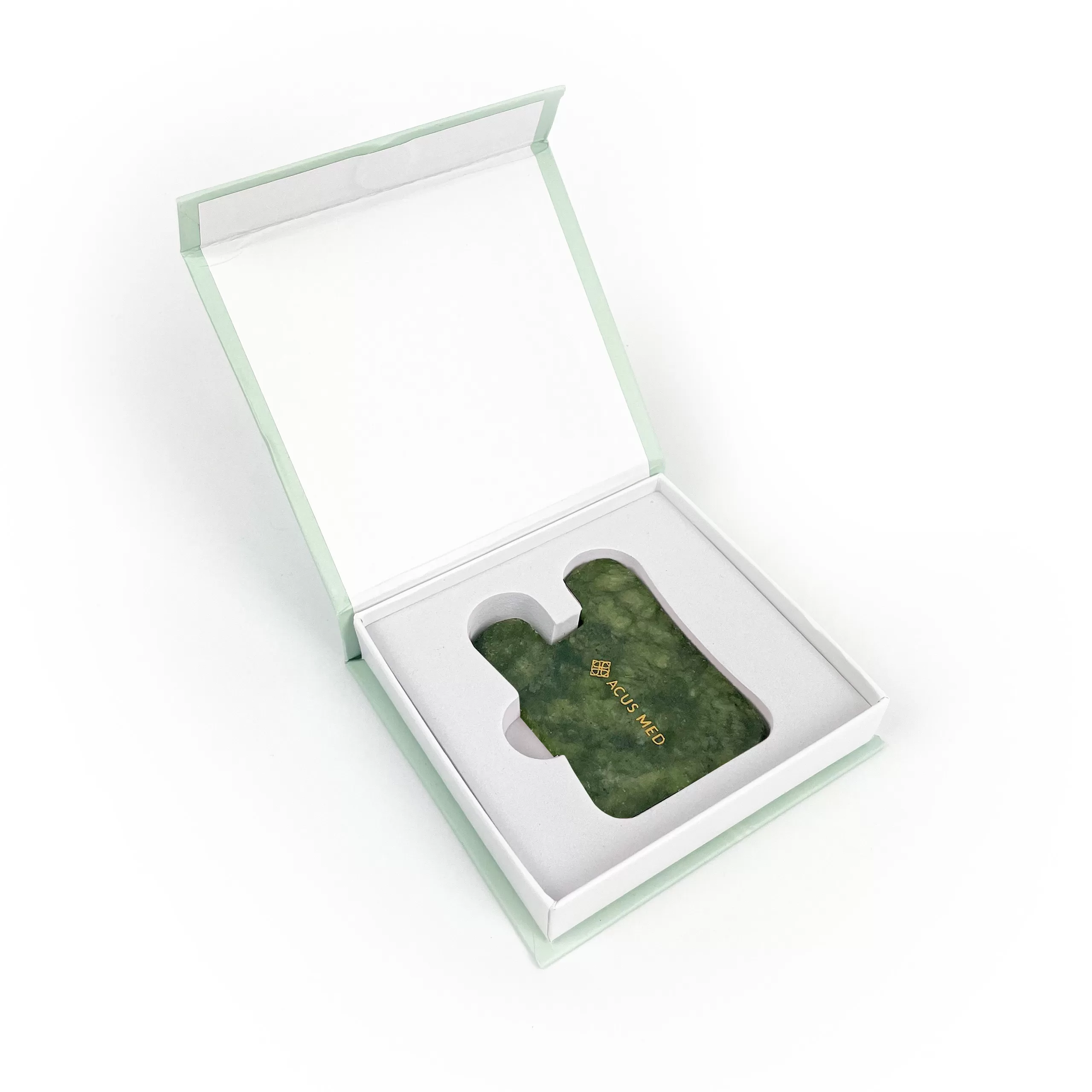 Acus Med jadeitowa płytka Gua Sha - prostokąt zielony - otwarte pudełko
