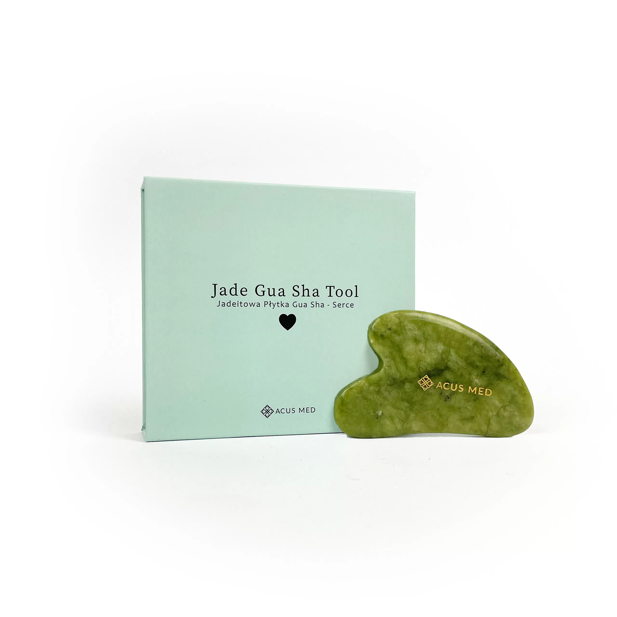 Acus Med jadeitowa płytka do masażu Gua Sha - serce zielone - pudełko