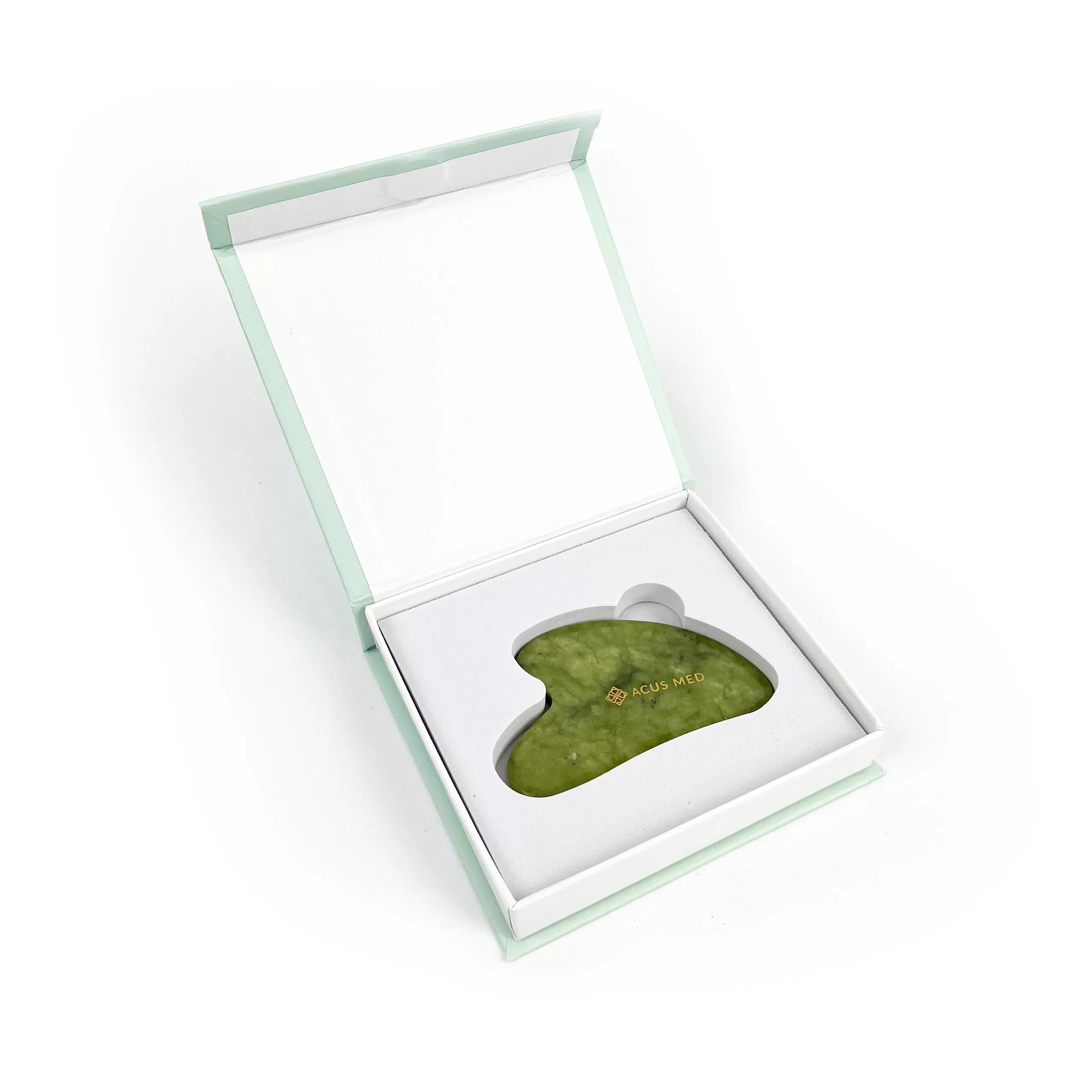 Acus Med jadeitowa płytka do masażu Gua Sha - serce zielone - otwarte pudełko